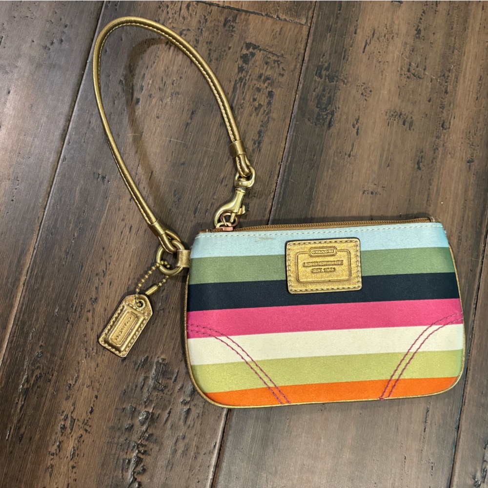 Coach Striped Wristlet in Orange, Pink, Black and Blue
